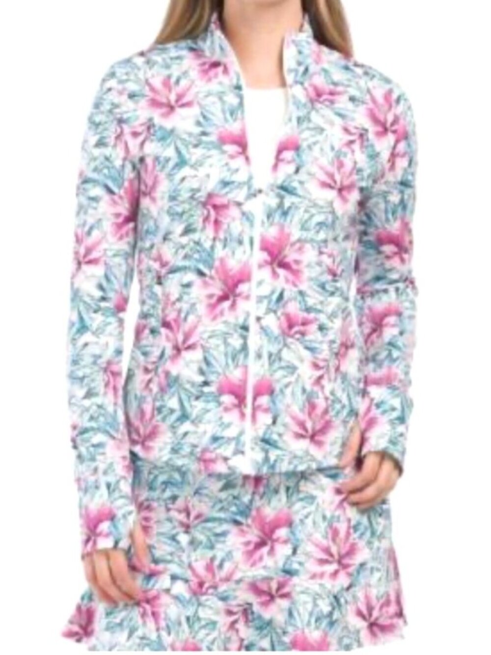 Tommy Bahama Women's Sz L Floral Full-Zip Jacket Hibiscus Cotton Blend